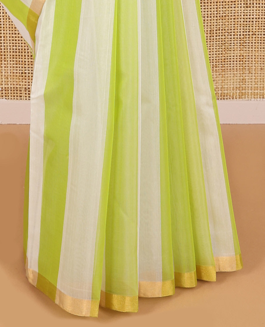 Green with white striped silk cotton saree with contrast zari border & jaal design pallu