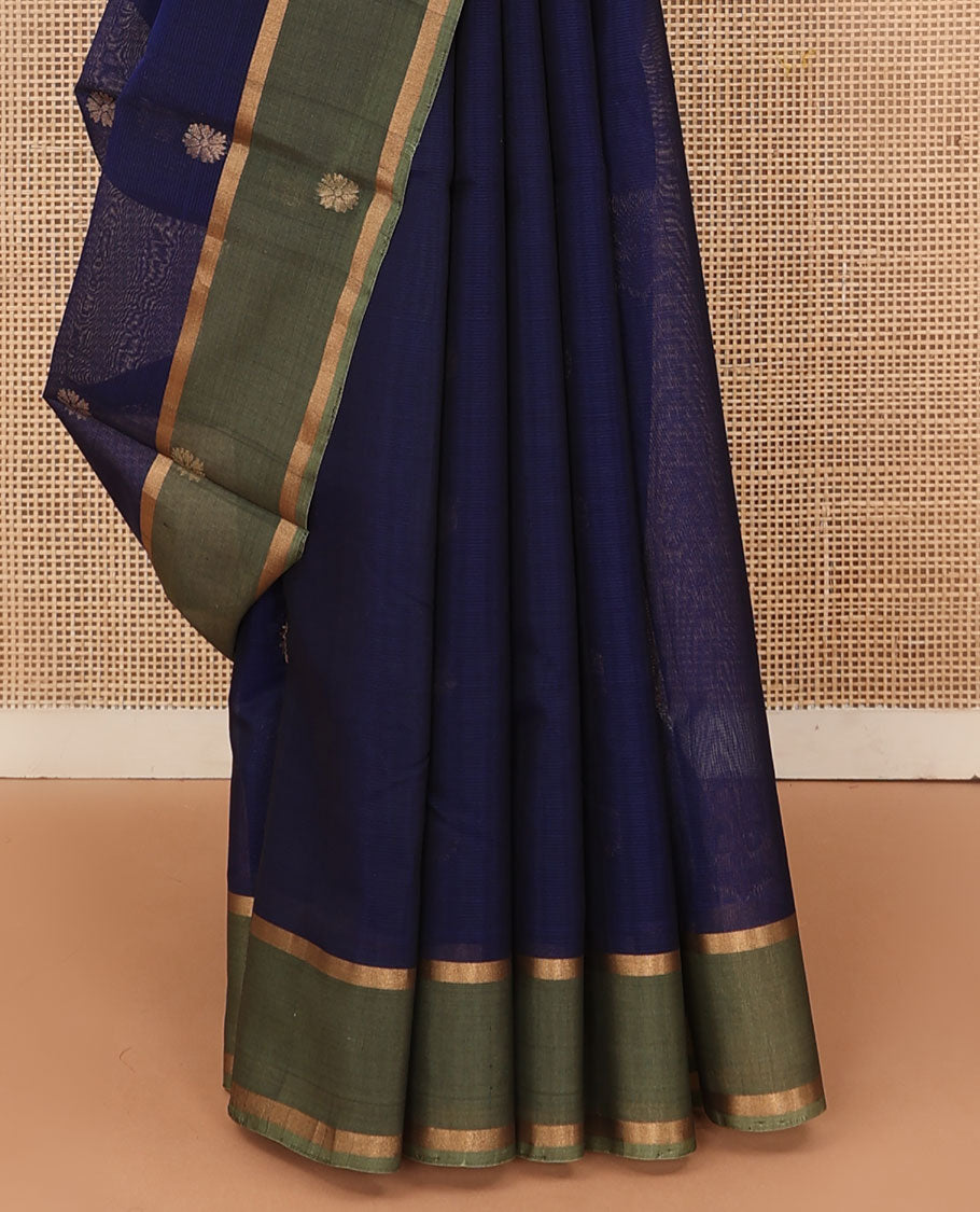 Blue floral zari buttas silk cotton saree, contrast zari buttas border and pallu of intricate Mughal style ogee patterns weave