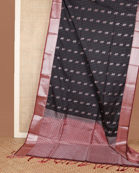 Black zari buttas soft silk saree, contrast traditional zari border, and pallu of ogee patterns