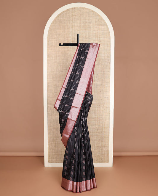 Black zari buttas soft silk saree, contrast traditional zari border, and pallu of ogee patterns