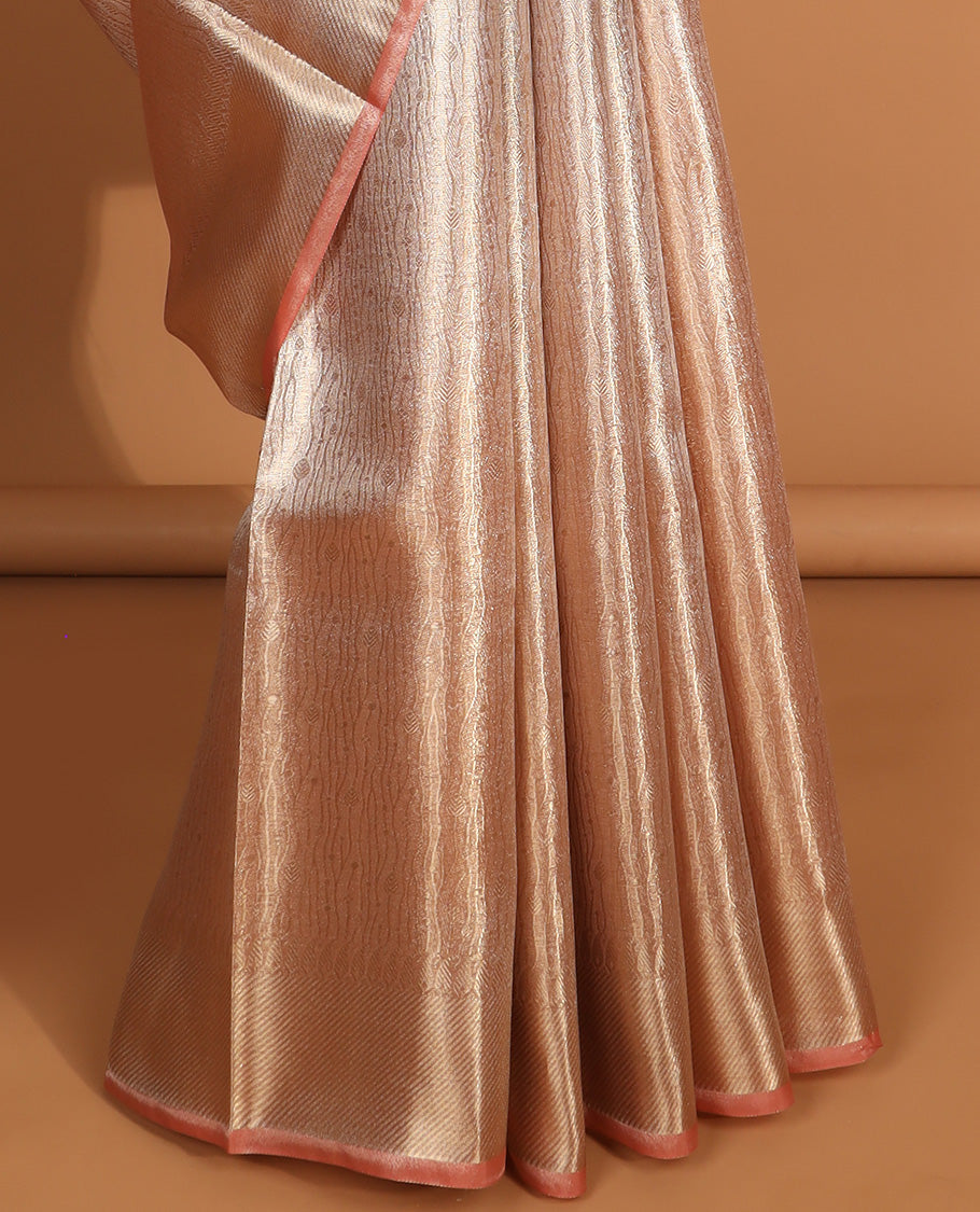 Light pink intricate floral design semi tissue saree with self striped border & zari design pallu