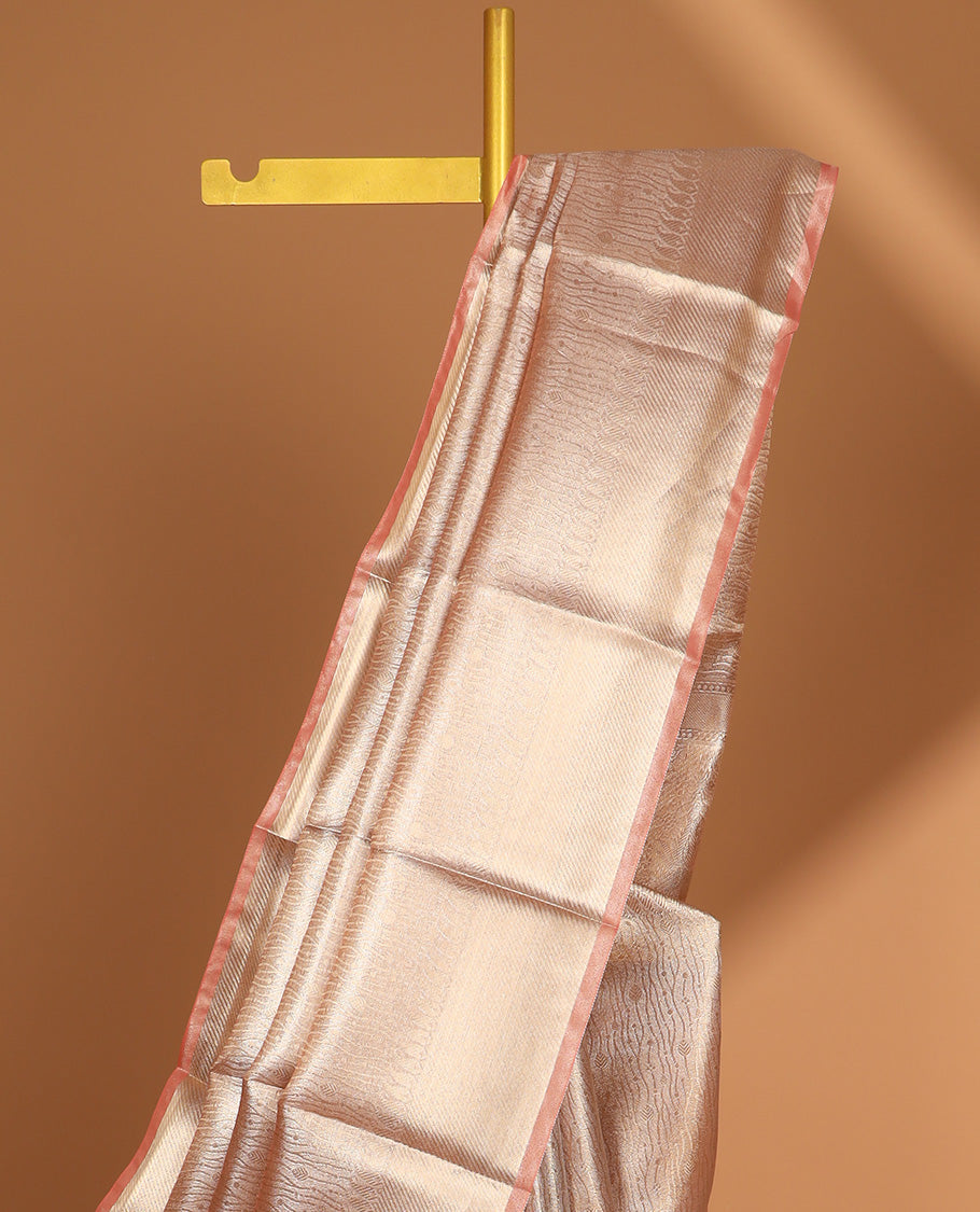 Light pink intricate floral design semi tissue saree with self striped border & zari design pallu