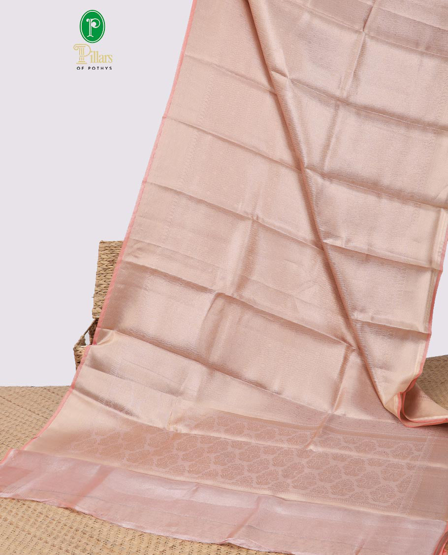 Light pink intricate floral design semi tissue saree with self striped border & zari design pallu