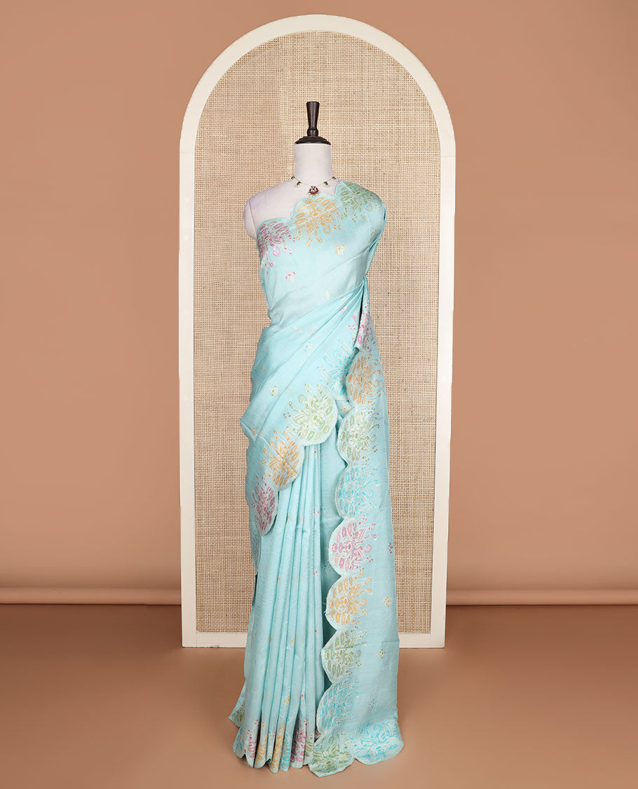 Bright yellow Matka silk saree features meena motifs, scallop swan and floral thread border