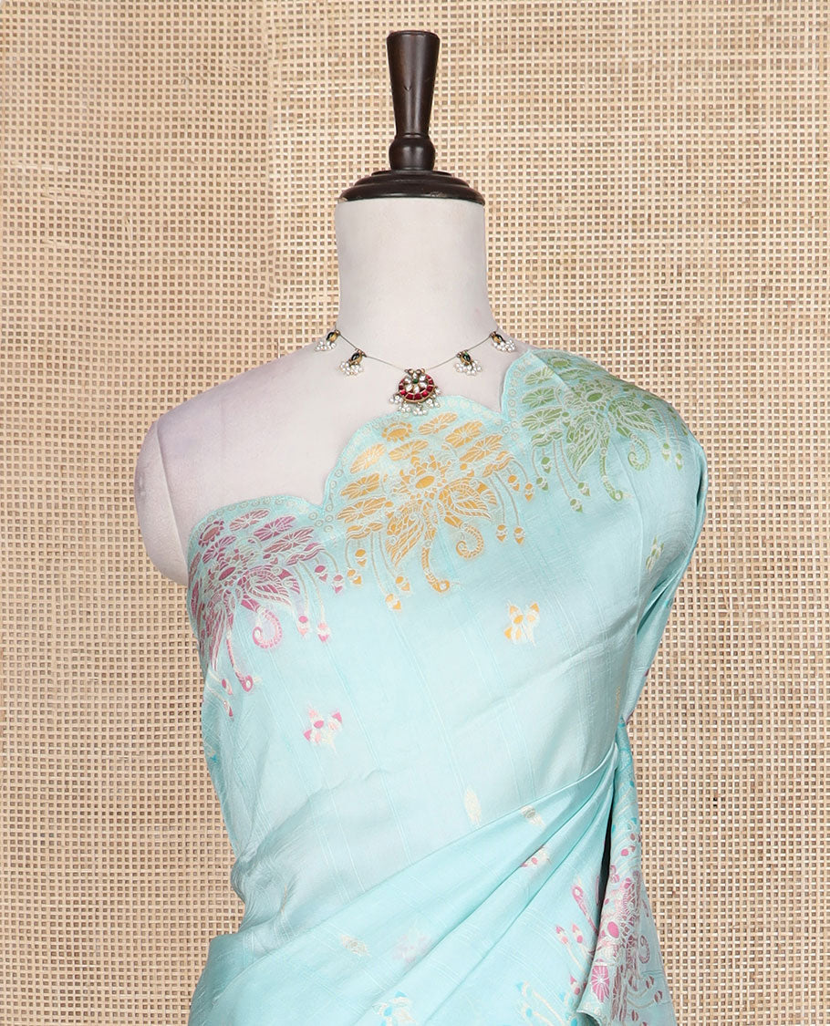 Bright yellow Matka silk saree features meena motifs, scallop swan and floral thread border