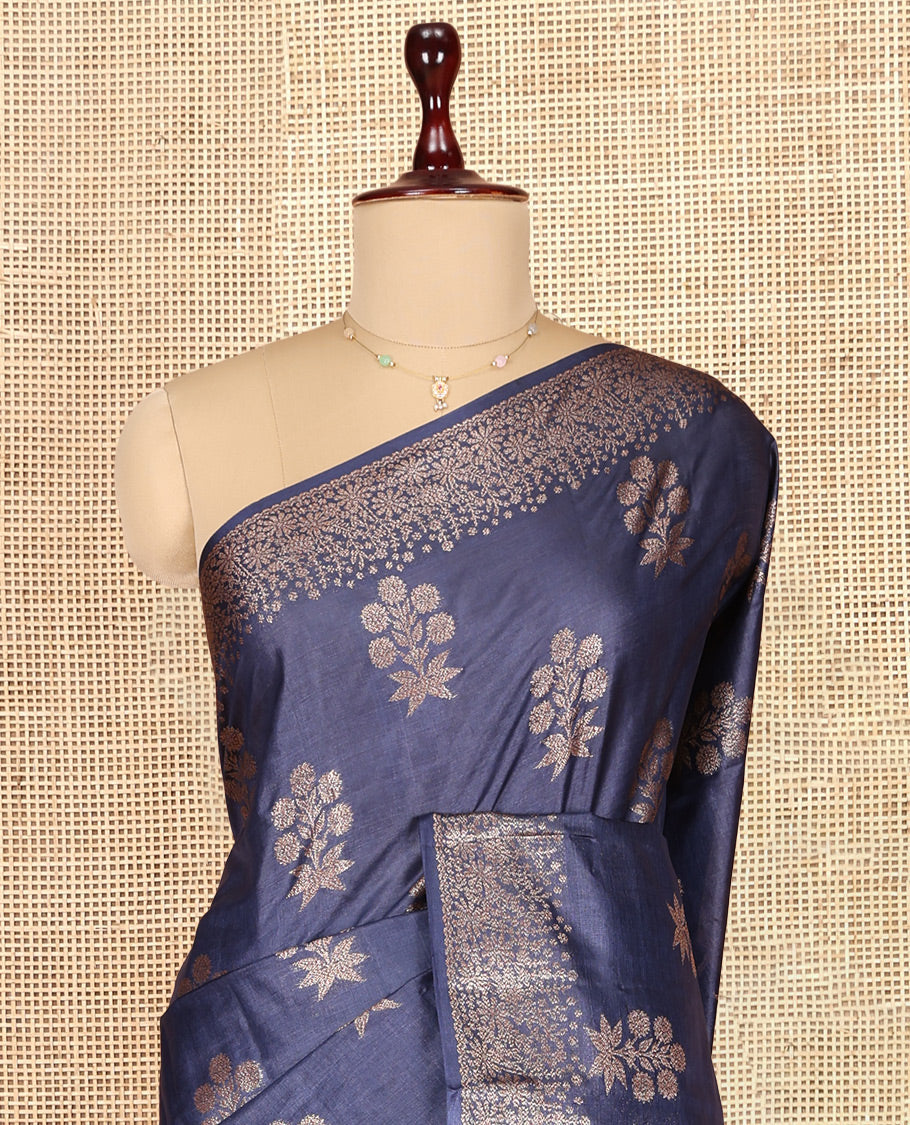 Navy Blue Tusser Silk Saree, Elevated with Zari Buttas, a Zari Border, Grand Pallu, and a Matching Blouse