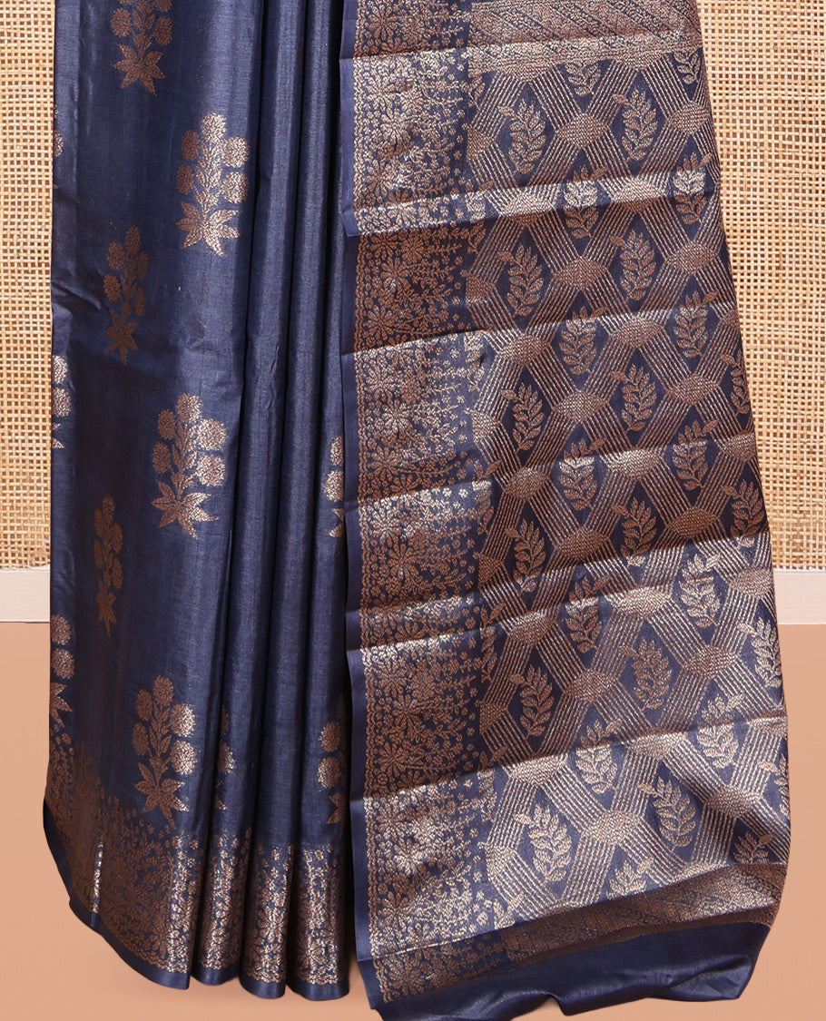 Navy Blue Tusser Silk Saree, Elevated with Zari Buttas, a Zari Border, Grand Pallu, and a Matching Blouse