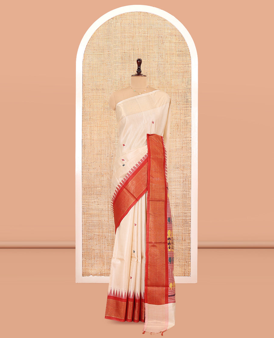 Sandal Tussar Saree, Finely Crafted with Warli Buttas, a Contrast Temple Border, Warli-Themed Thread-Woven Pallu, and a Contrast Blouse