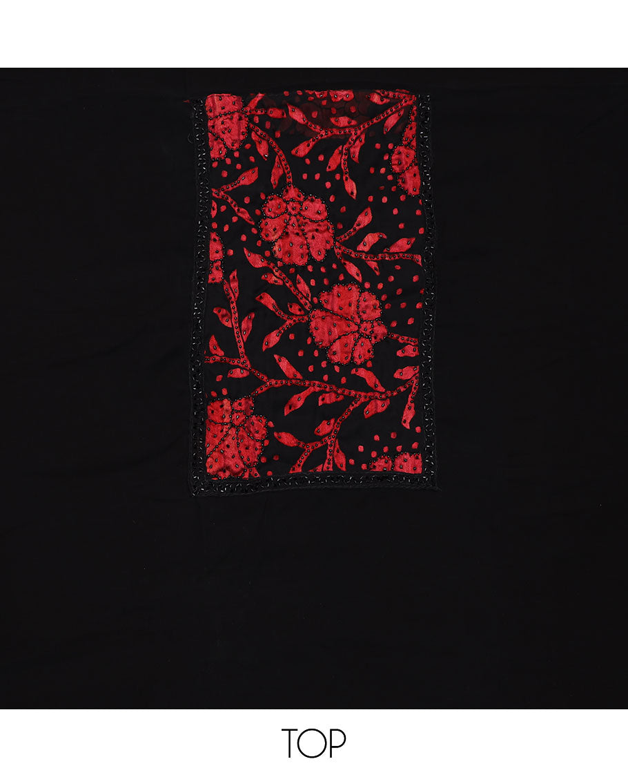 Black material chudidar set, red floral vine print with black micro stone neck work top, plain bottom and floral vine printed dupatta