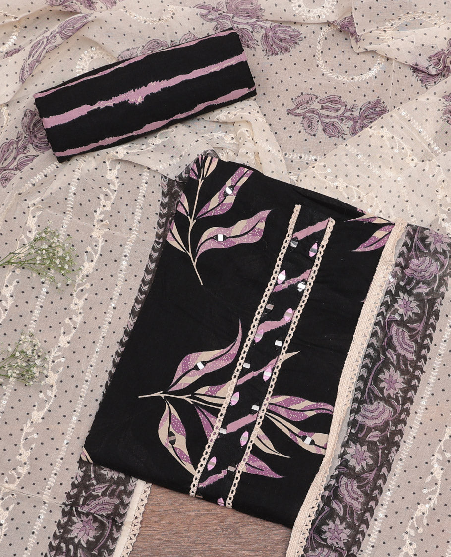 Black-Purple Cotton Material Churidar Set Features Tropical Floral Print and Mirrorwork Top, Printed Bottom, and Contrast Print-Embroidered Dupatta