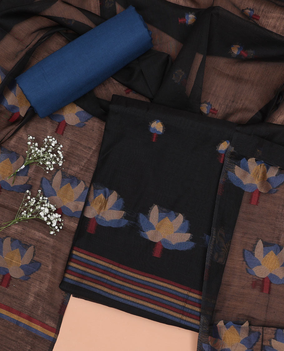 Black chudidhar material set, striped floral motifs top, blue plain bottom & floral motifs dupatta