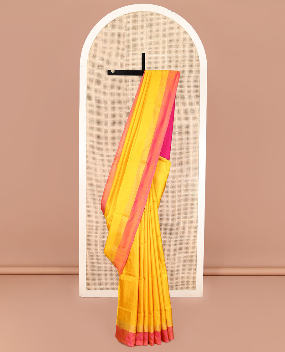 Yellow Plain Uppada Silk Saree, Complemented by a Contrast Plain Border, Plain Pallu, and Paired with a Contrast Blouse