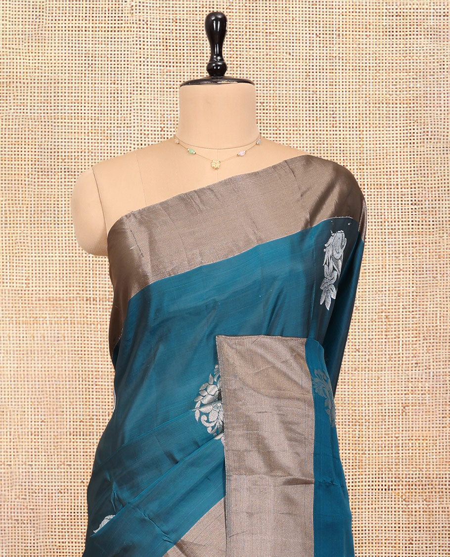 Peacock Blue Uppada Saree, Ornamented with Floral Buttas, a Bavanji Border, Contrast Intricate Pallu, and a Contrast Blouse