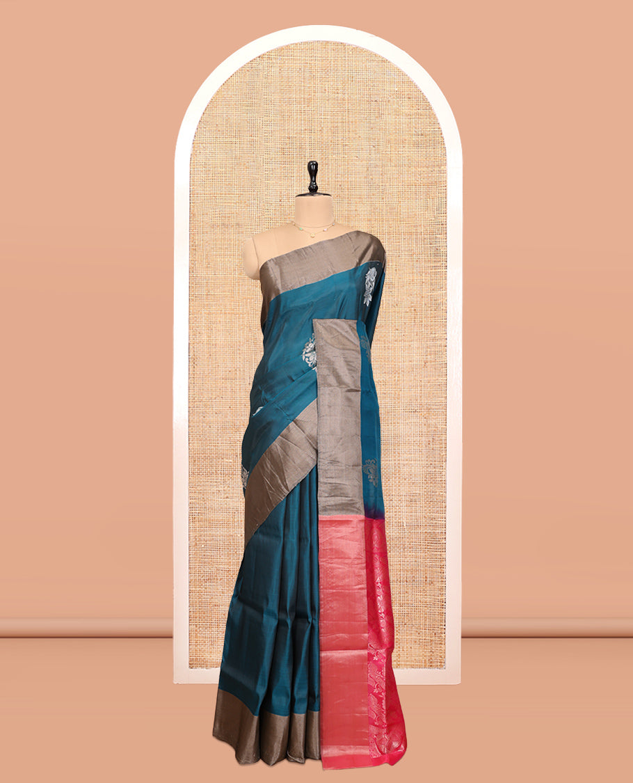 Peacock Blue Uppada Saree, Ornamented with Floral Buttas, a Bavanji Border, Contrast Intricate Pallu, and a Contrast Blouse