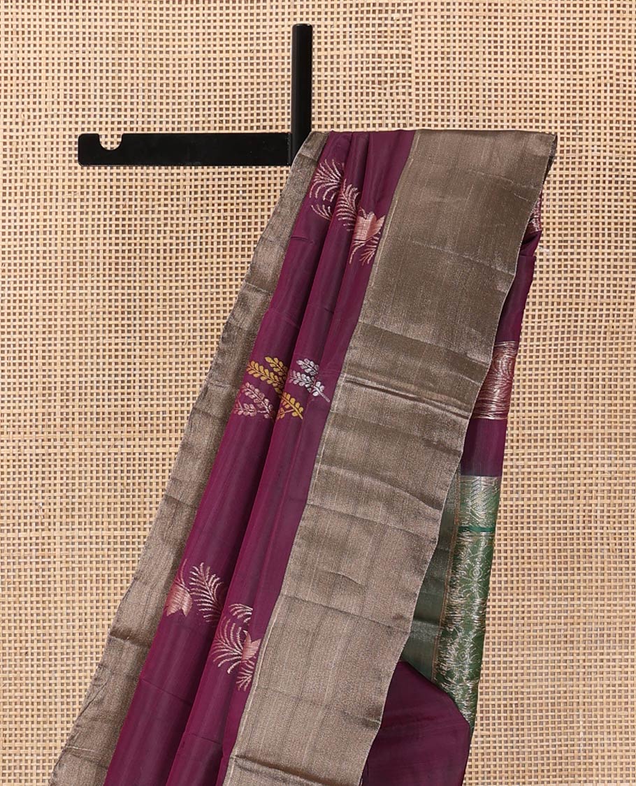 Purple floral zari buttas Uppada saree, contrast bavanji border, and intricate pallu