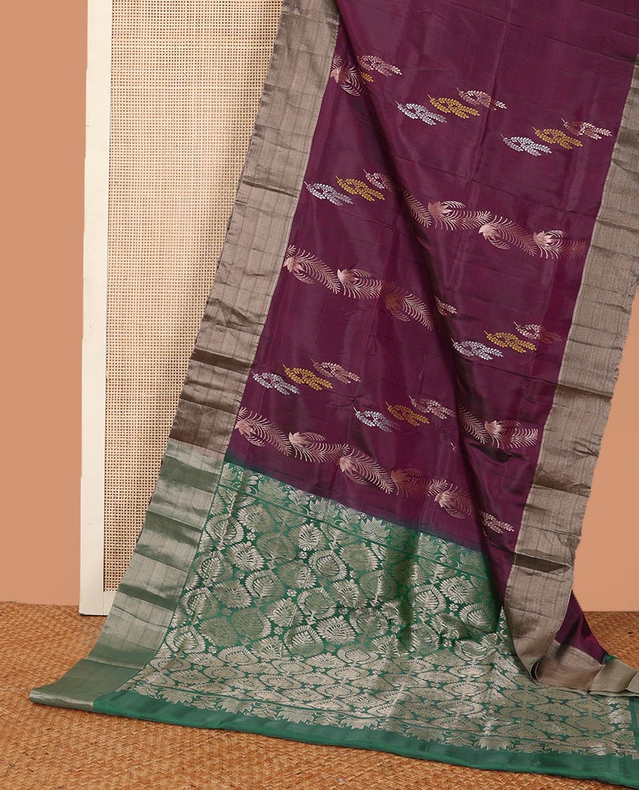 Purple floral zari buttas Uppada saree, contrast bavanji border, and intricate pallu