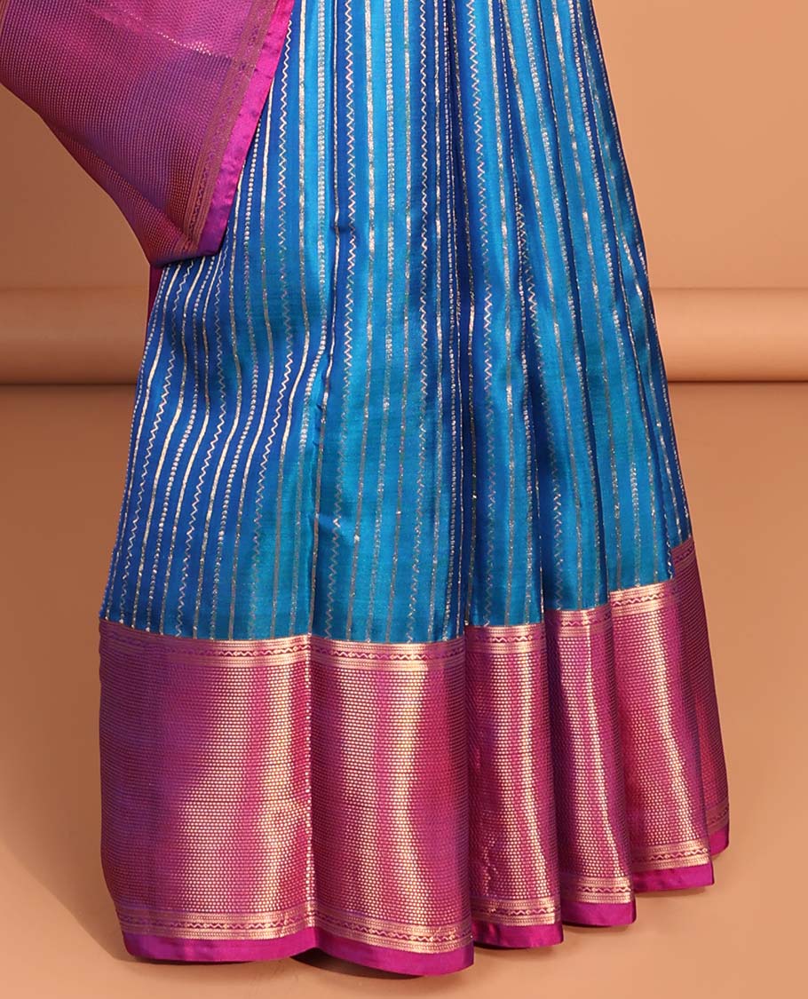 Blue striped vasundhara elite silk saree with contrast intricate zari design border & checked zari design pallu