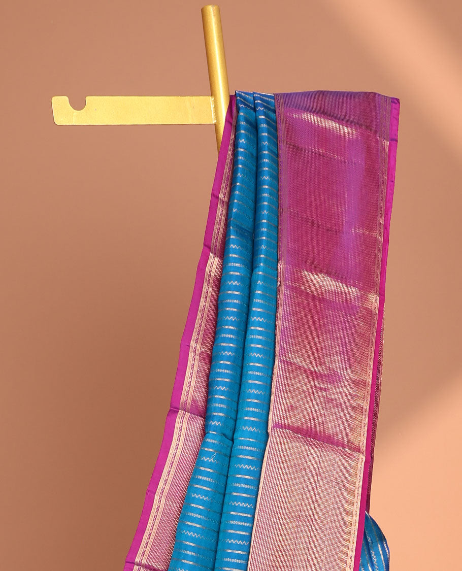 Blue striped vasundhara elite silk saree with contrast intricate zari design border & checked zari design pallu