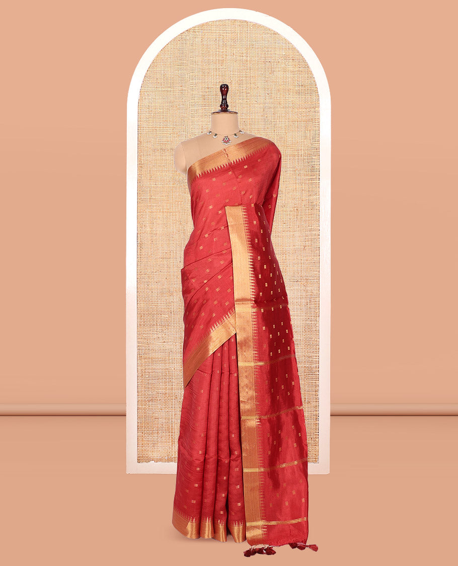 Red Banana Pith Saree, Spotlighted with Buttas, a Zari Temple Border, Striped Pallu, and Matching Blouse