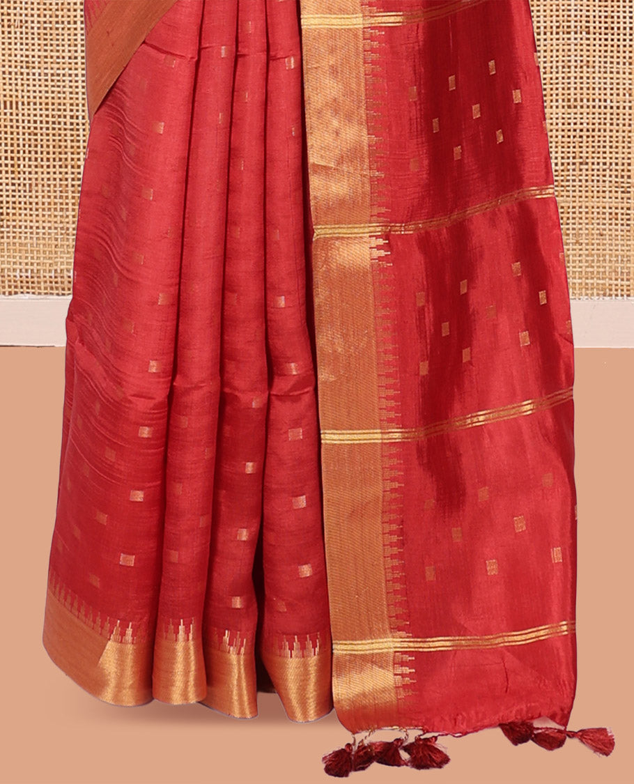 Red Banana Pith Saree, Spotlighted with Buttas, a Zari Temple Border, Striped Pallu, and Matching Blouse