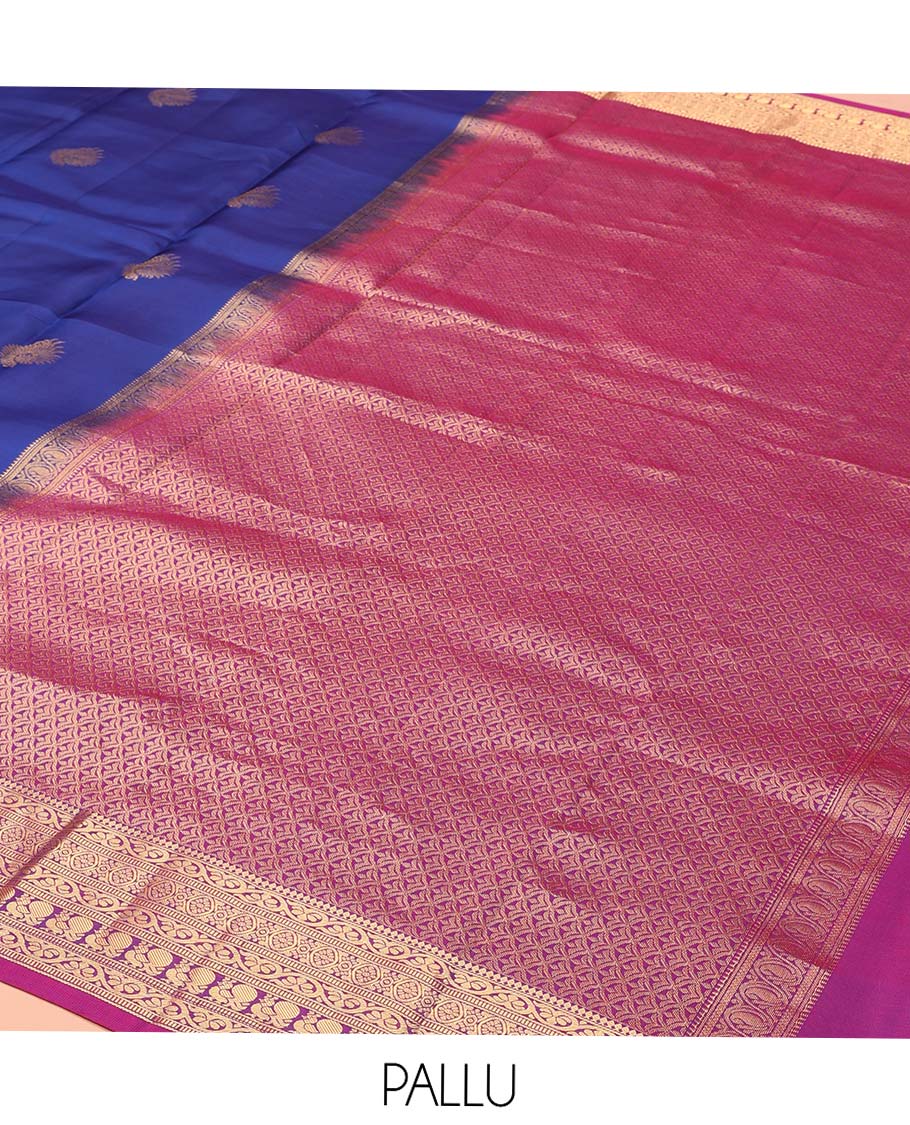 Blue Vasundhara Lite-Silk Mix Saree, Adorned with Zari Buttas, Complemented by Contrast Border Featuring Thilakam Mokku, Kodi Visiry, Muthu, Laddu Kamalam, and Mayil Designs, Grandly Pallu of Scallop Designs, and Paired with a Contrast Blouse