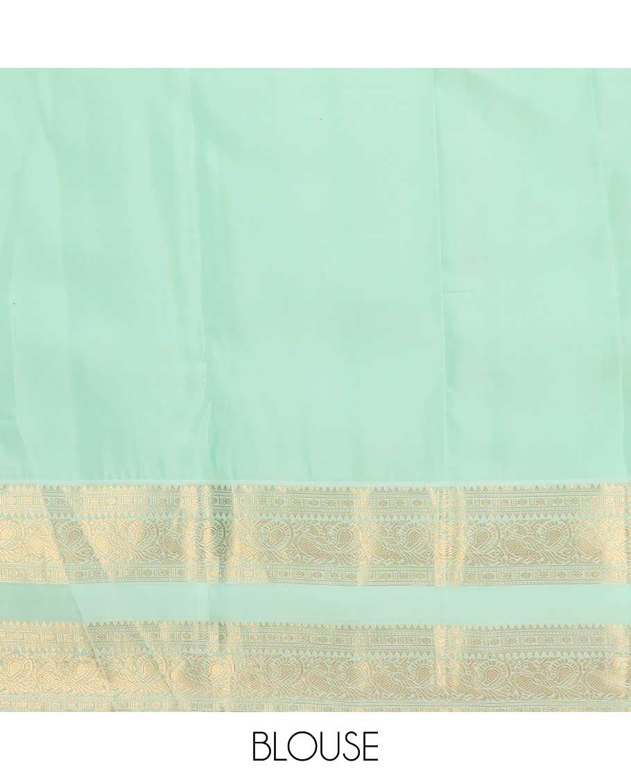 Green zari buttas Vasundhara silk mix saree, contrast rettai pettu border of rekku, rudraksham, and mayil designs and zari rich jaal pallu