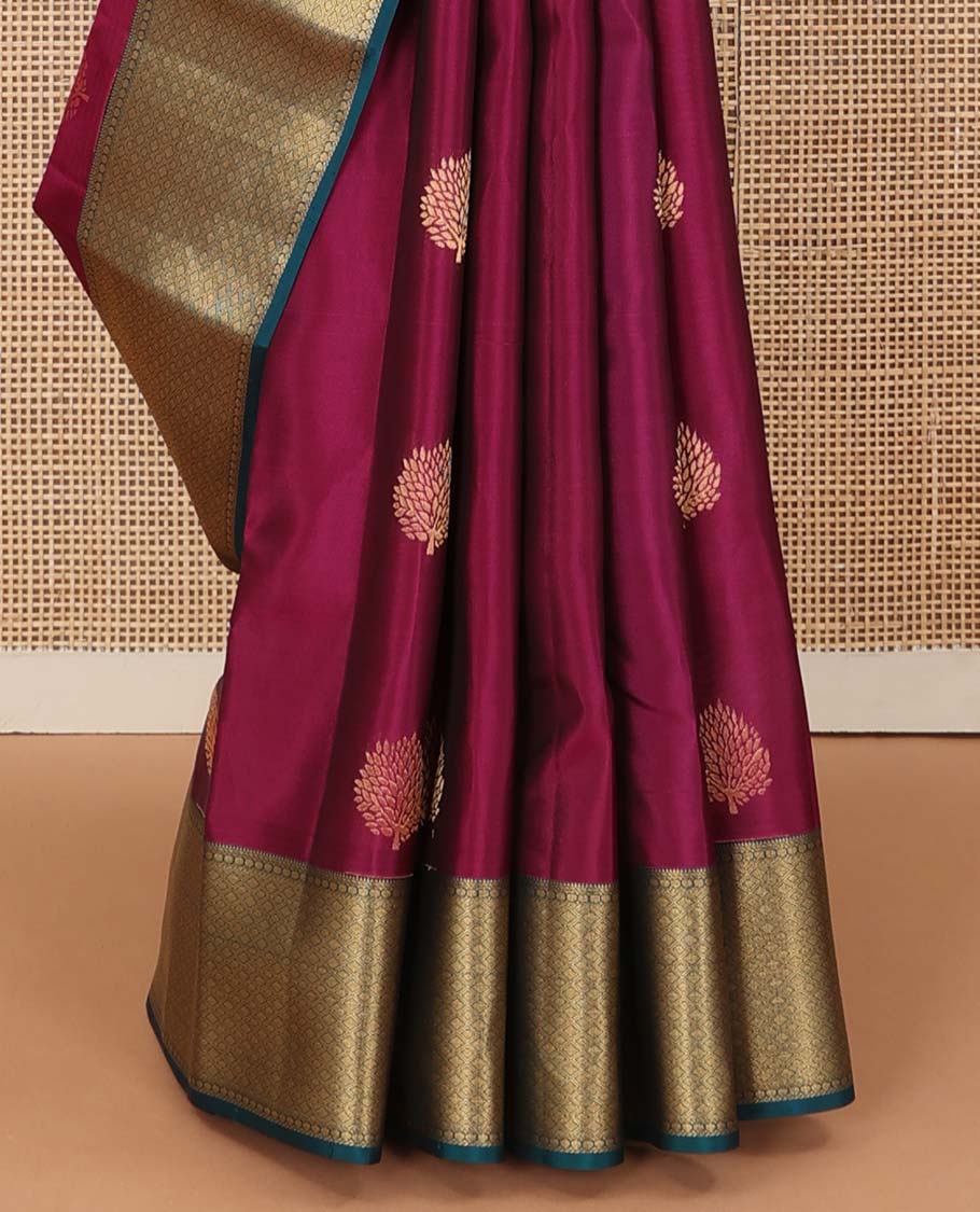 Maroon zari buttas Vasundhara silk mix saree, contrast jaal design border, and zari-rich jaal pallu