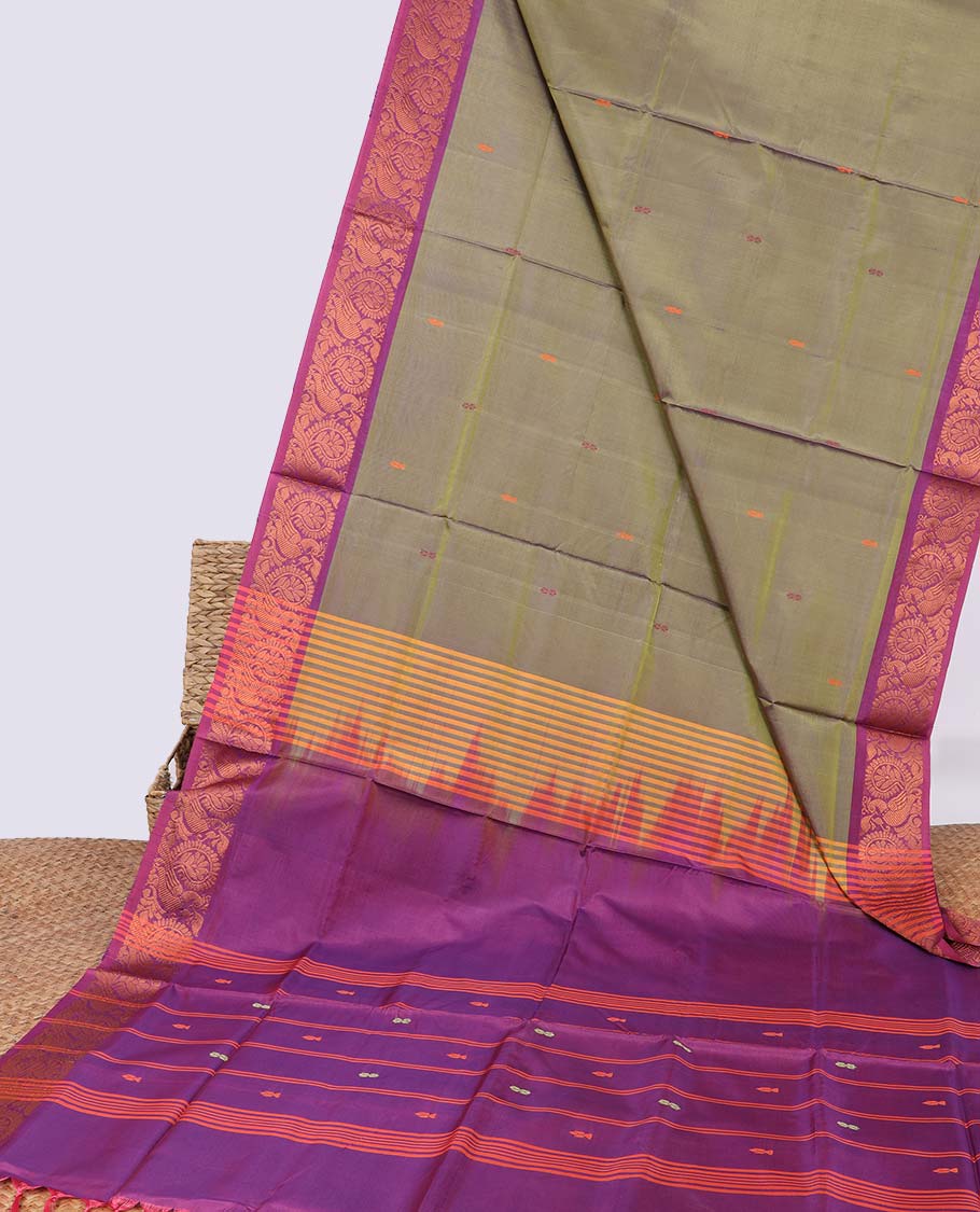 Green floral motifs banana pith saree with contrast zari border & striped , floral motifs pallu