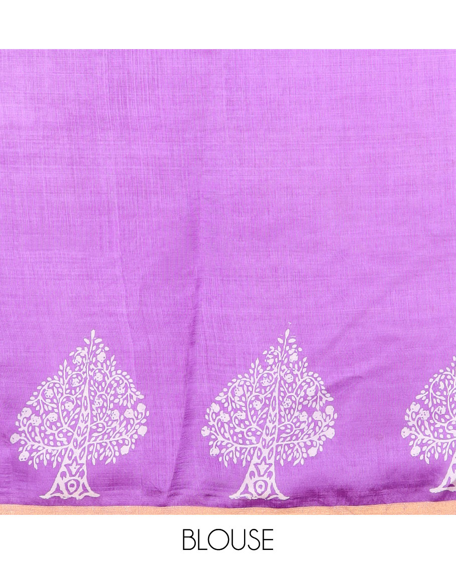 Purple tree motifs printed banana pith saree, zari border, and floral printed pallu