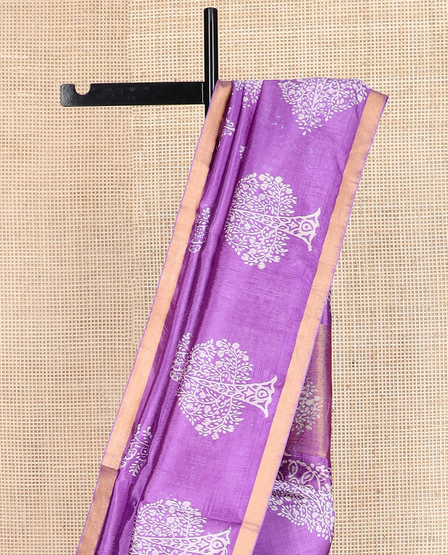 Purple tree motifs printed banana pith saree, zari border, and floral printed pallu