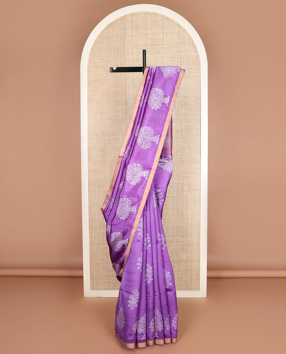 Purple tree motifs printed banana pith saree, zari border, and floral printed pallu