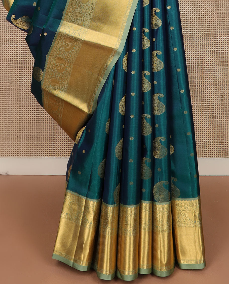 Blue manga zari buttas silk saree, contrast border of thilakam mokku,muthu,star & mayil designs & jaal pallu