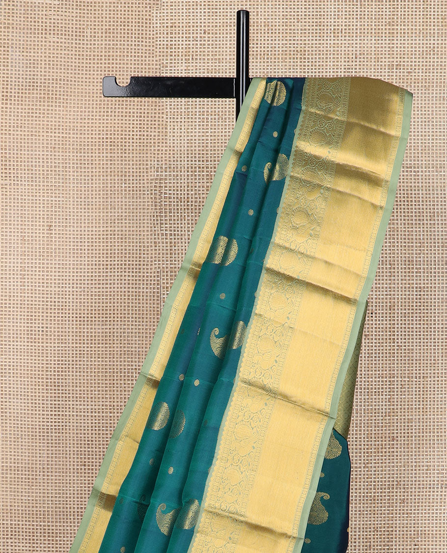 Blue manga zari buttas silk saree, contrast border of thilakam mokku,muthu,star & mayil designs & jaal pallu