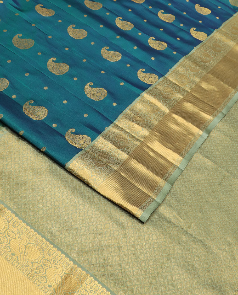 Blue manga zari buttas silk saree, contrast border of thilakam mokku,muthu,star & mayil designs & jaal pallu