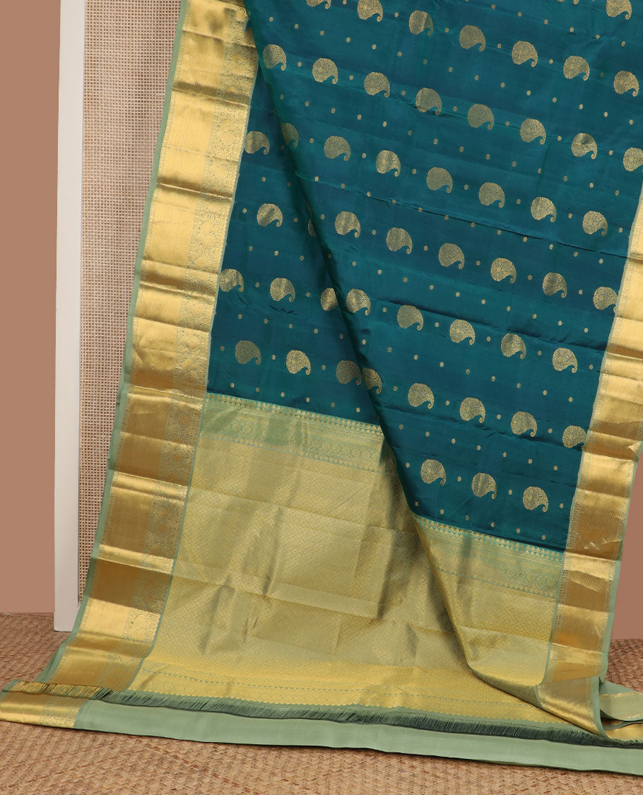Blue manga zari buttas silk saree, contrast border of thilakam mokku,muthu,star & mayil designs & jaal pallu