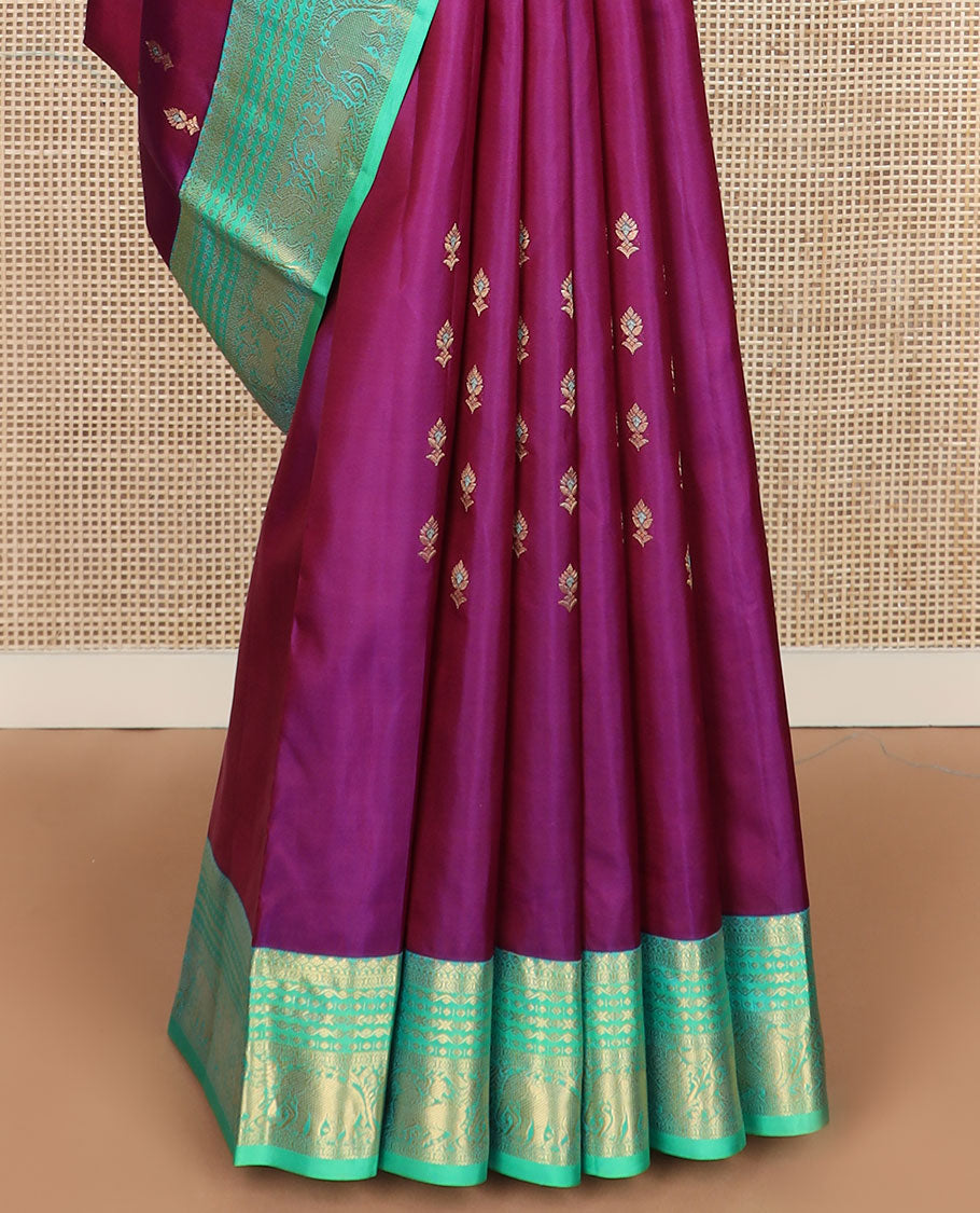 Purple meena zari buttas silk saree, contrast border of yaali,yaanai & mayil & pallu of jaal designs