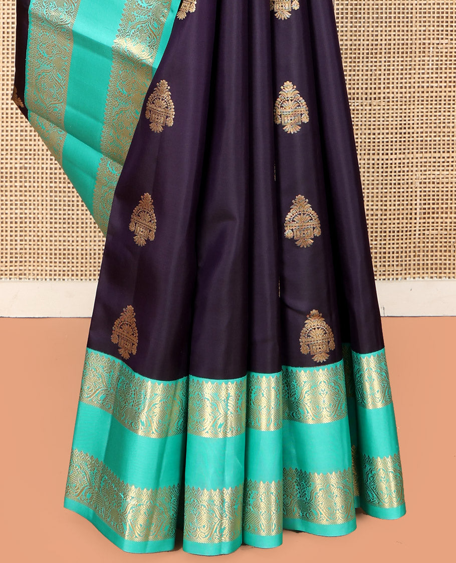 Eggplant Purple Vasundhara Silk Saree, Decorated with Zari Buttas, Complemented by a Contrast Rettai Pettu Mayil-Yaanai Border, Jaal Pallu, and a Contrast Blouse