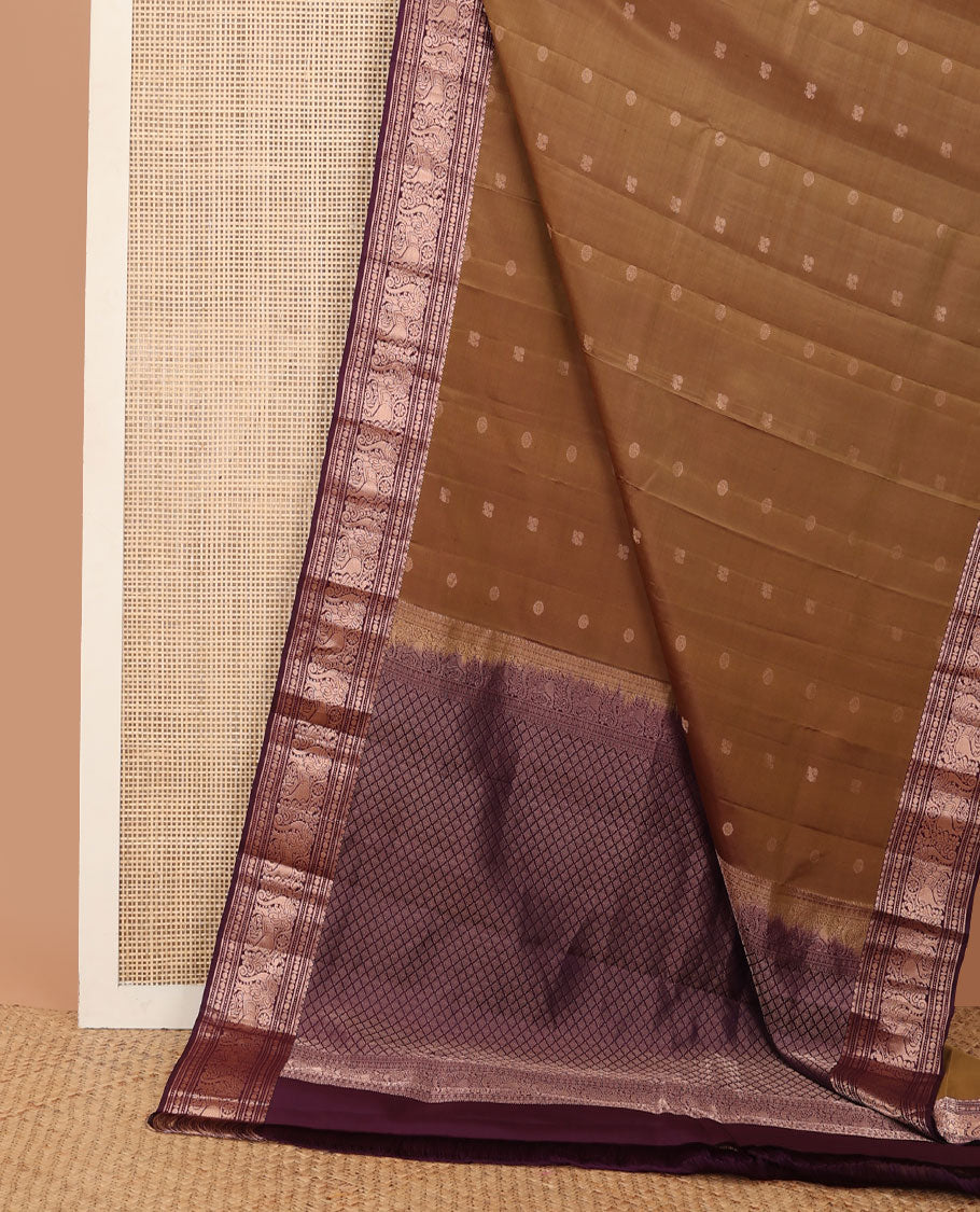 Brown mayil chakram zari buttas silk saree, contrast jaal pallu & border of paisa,muthu,banaras & yaali designs