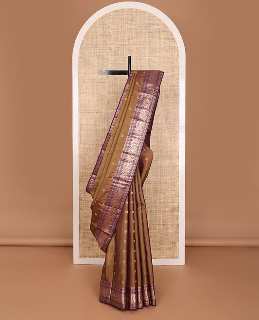 Brown mayil chakram zari buttas silk saree, contrast jaal pallu & border of paisa,muthu,banaras & yaali designs