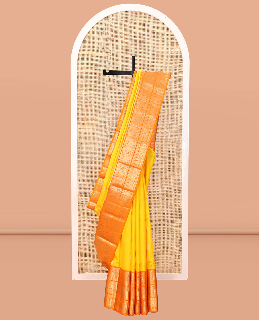 Yellow Vasundhara Silk Saree, Woven with Zari Buttas, Complemented by a Contrast Border of Muthu, Rudraksham, Poun, Mayil, Kuthirai, and Yaali Designs, Grand Pallu, and a Contrast Blouse