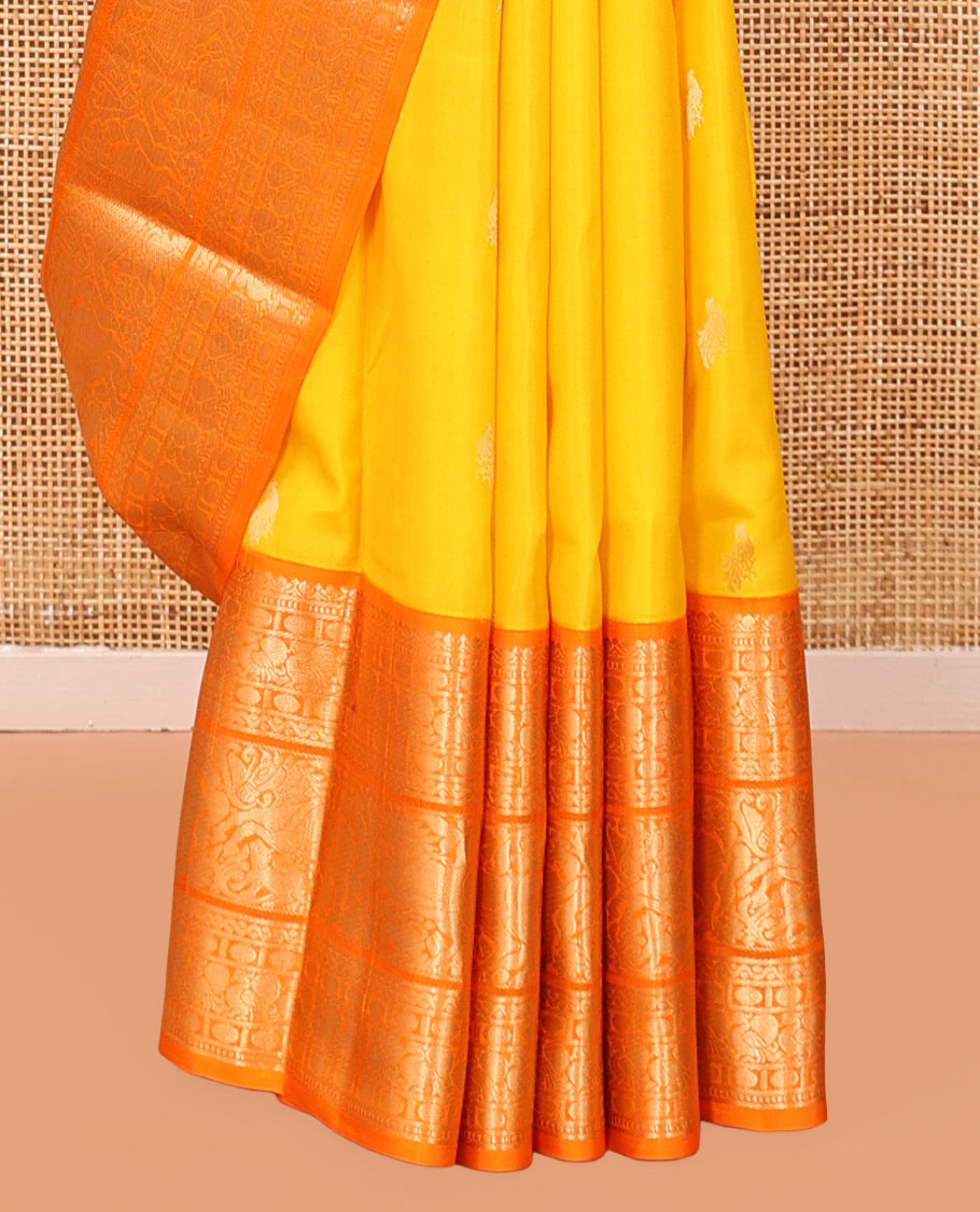Yellow Vasundhara Silk Saree, Woven with Zari Buttas, Complemented by a Contrast Border of Muthu, Rudraksham, Poun, Mayil, Kuthirai, and Yaali Designs, Grand Pallu, and a Contrast Blouse