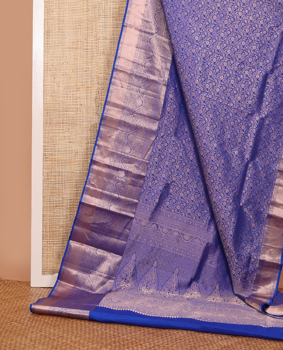 Blue jacquard wedding silk saree, intricate pallu & border of thilakam mokku,mayil kann,kathir & dhavana kodi designs