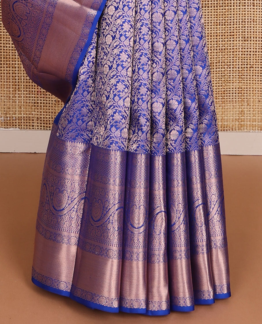 Blue jacquard wedding silk saree, intricate pallu & border of thilakam mokku,mayil kann,kathir & dhavana kodi designs