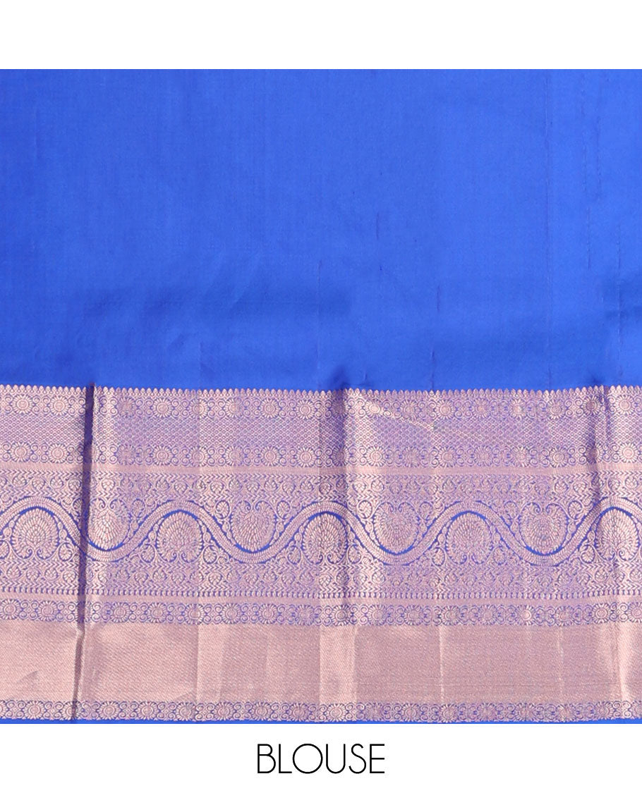 Blue jacquard wedding silk saree, intricate pallu & border of thilakam mokku,mayil kann,kathir & dhavana kodi designs