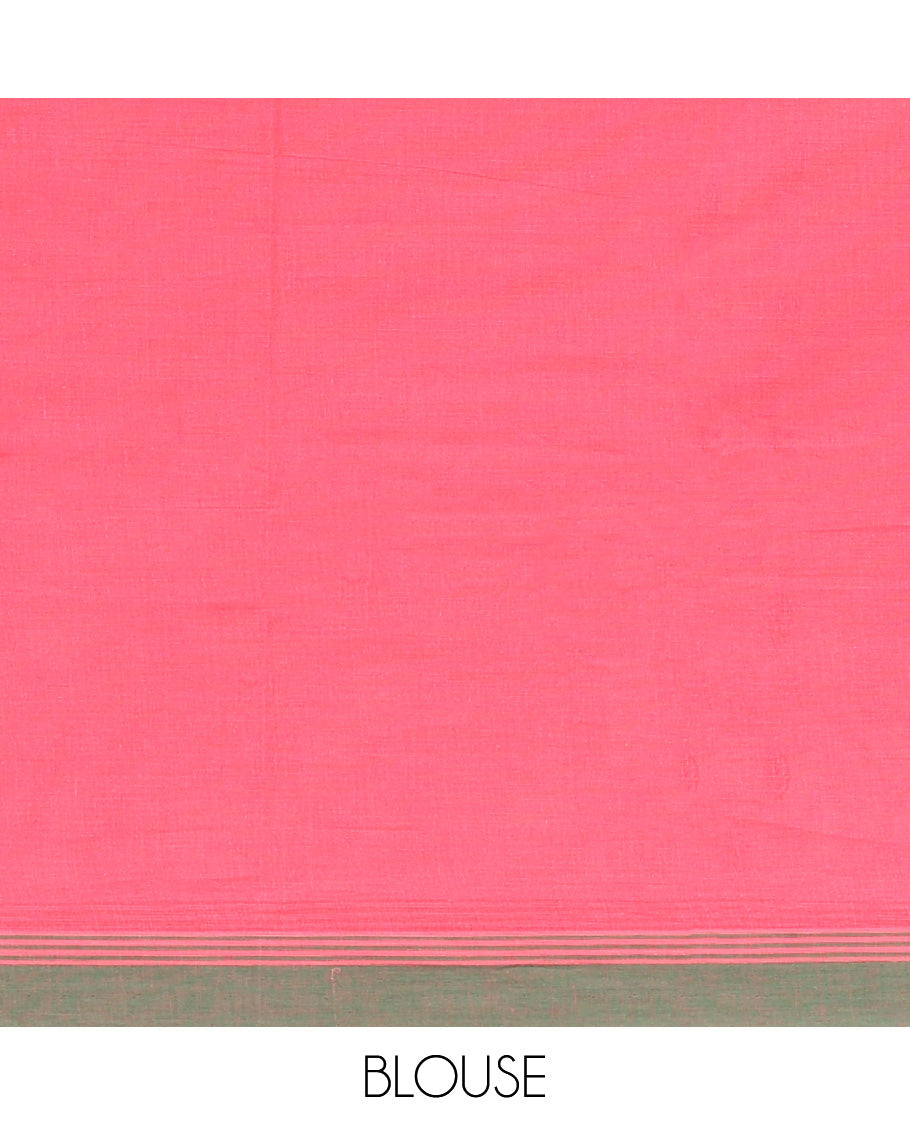 Pink Kanchi Cotton Saree, Delicately Decked Up with Buttas on Its Body, Complemented by Contrast Border, Sparsely Woven Pallu, and Paired with a Matching Blouse