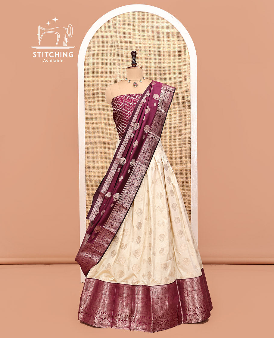 Cream-Wine Art Silk Half Saree, Embellished with Zari Buttas Skirt, Contrast Traditional Border, Jacquard Blouse, and a Contrast Banaras Dhavani