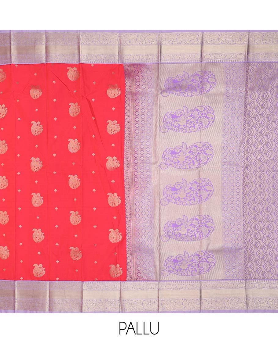 Pink zari buttas gift saree, contrast traditional zari design border, and pallu of diamond, paisleys, and ogee patterns