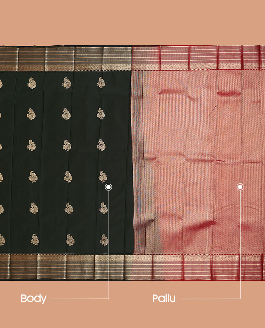 Green Budget Silk Saree Majestically Detailed with Zari Buttas, Subtly Sparked with Traditional Zari-Design Border, Captivated with Contrast Intricate Pallu, and Paired with a Contrast Blouse