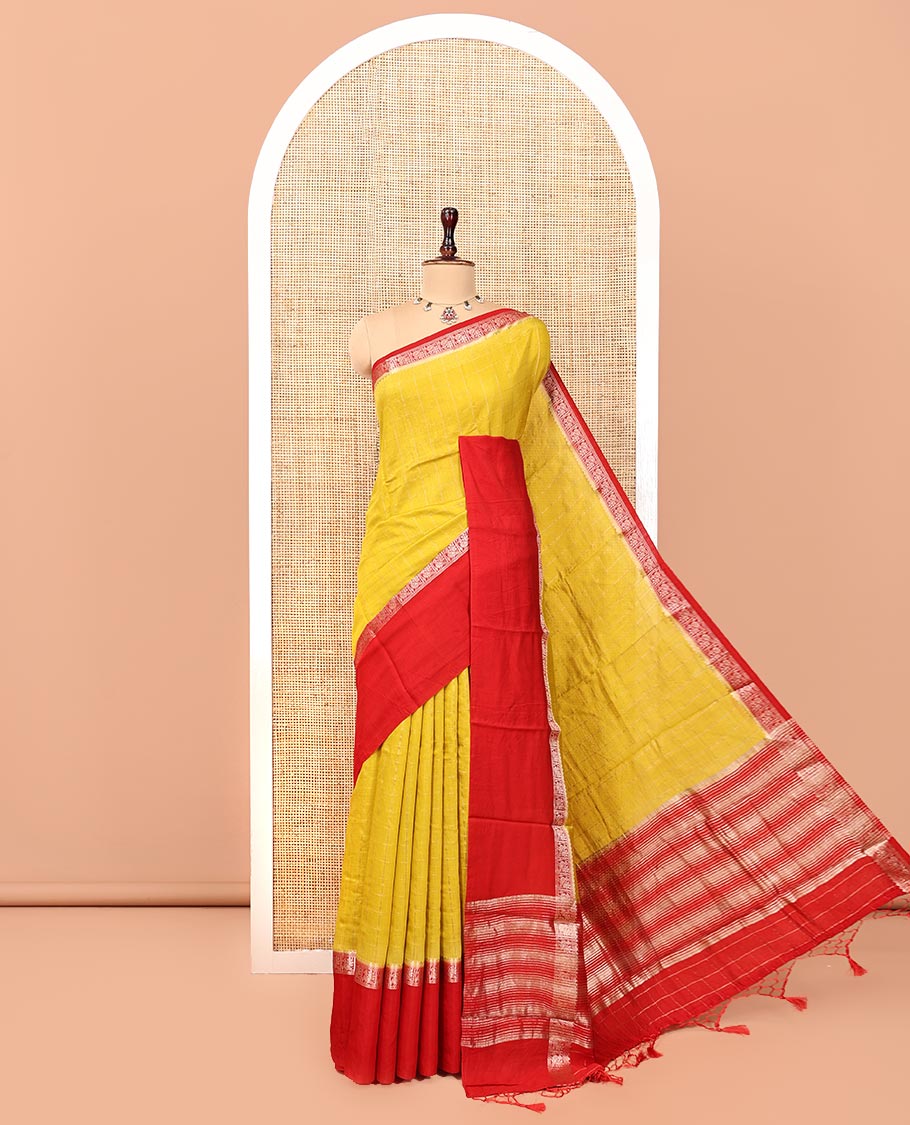Yellow Assam Silk Saree, Sparsely Woven with Checks, Complemented by a Contrast Bird Motifs Zari Border, Zari-Striped Pallu, and a Contrast Blouse