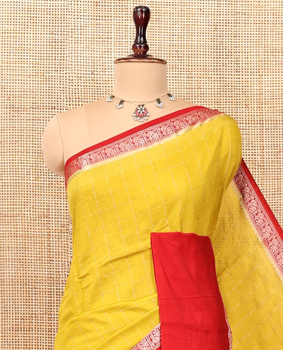Yellow Assam Silk Saree, Sparsely Woven with Checks, Complemented by a Contrast Bird Motifs Zari Border, Zari-Striped Pallu, and a Contrast Blouse